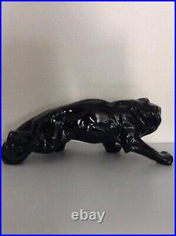 Statue animalière en céramique émaillée noir lion de Saint Clément Art Déco