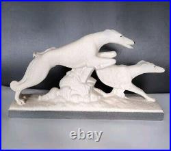 Statue couple de chiens lévriers céramique crispée émaillée Lemanceau Art Déco