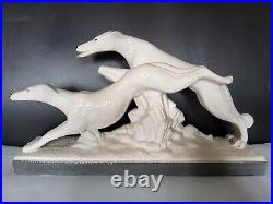 Statue couple de chiens lévriers céramique crispée émaillée Lemanceau Art Déco