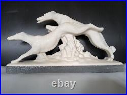 Statue couple de chiens lévriers céramique crispée émaillée Lemanceau Art Déco