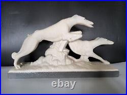 Statue couple de chiens lévriers céramique crispée émaillée Lemanceau Art Déco