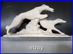 Statue couple de chiens lévriers céramique crispée émaillée Lemanceau Art Déco