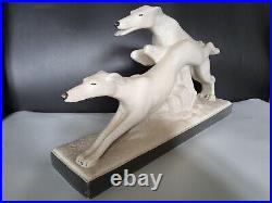 Statue couple de chiens lévriers céramique crispée émaillée Lemanceau Art Déco