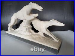Statue couple de chiens lévriers céramique crispée émaillée Lemanceau Art Déco