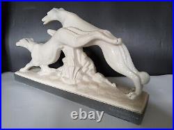 Statue couple de chiens lévriers céramique crispée émaillée Lemanceau Art Déco