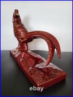 Statue sculpture faisan en céramique émaillée rouge dorée Lemanceau Art Déco Statue sculpture faisan en céramique émaillée rouge dorée Lemanceau Art Déco