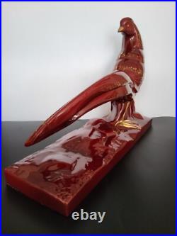 Statue sculpture faisan en céramique émaillée rouge dorée Lemanceau Art Déco Statue sculpture faisan en céramique émaillée rouge dorée Lemanceau Art Déco