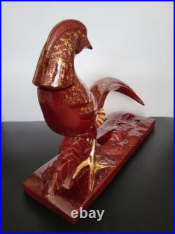 Statue sculpture faisan en céramique émaillée rouge dorée Lemanceau Art Déco Statue sculpture faisan en céramique émaillée rouge dorée Lemanceau Art Déco