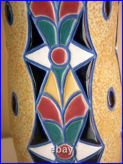Superbe Vase Ceramique Emaillee Polychrome, Art Deco Annees 20/30 Signe Amphora