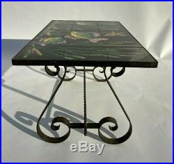 Table Basse 1960 A Carreaux Decor Poissons Ceramique Pietement Metal L59