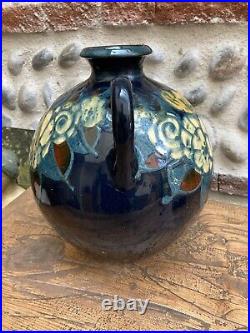 Très Beau VASE De Savoie 1930 Ceramique Vernissée Bleu Jaune Boule art Déco