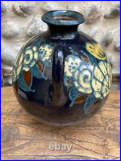 Très Beau VASE De Savoie 1930 Ceramique Vernissée Bleu Jaune Boule art Déco