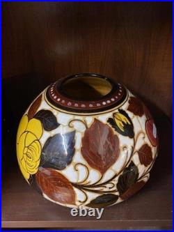 Vase Art Deco Ceramique Vernissee Decor Floral Forme Ronde Italie