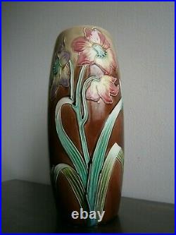 Vase Art Nouveau Barbotine De Bruyn Fives-lille Ceramique 1900 Deco Florale