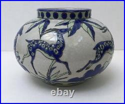 Vase Boule Céramique Keralouve La Louvière Style Art Déco Cerfs Antilopes XXe