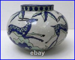Vase Boule Céramique Keralouve La Louvière Style Art Déco Cerfs Antilopes XXe