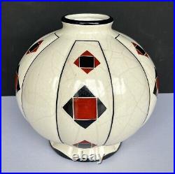 Vase Boule Côtelée Art Déco Céramique Craquelée Motifs Géométriques Rouge Noir