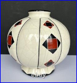 Vase Boule Côtelée Art Déco Céramique Craquelée Motifs Géométriques Rouge Noir
