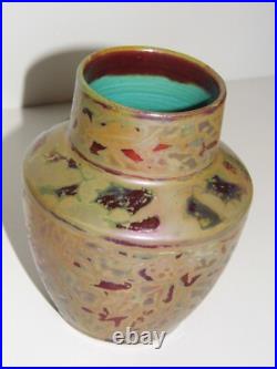 Vase Ceramique Signe Clement Massier Art-deco Tres Rare Irisee A Decor Stylise