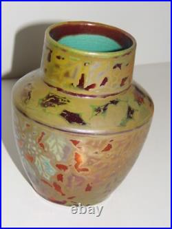 Vase Ceramique Signe Clement Massier Art-deco Tres Rare Irisee A Decor Stylise