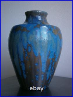 Vase Grès Art Déco Céramique 1930 Bleu Pierrefonds décor Oxydes Ancien