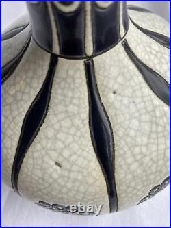 Vase PRIMAVERA, LONGWY, céramique émaillée, Art Déco, bleu marine et blanc