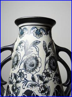 Vase ancien Art Déco 1920-40 en grès fin, style Art Nouveau & chinoiserie, décor Vase ancien Art Déco 1920-40 en grès fin, style Art Nouveau & chinoiserie, décor