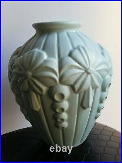 Vase ancien céramique, décors art déco bleu canard