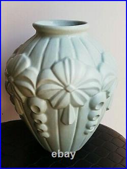 Vase ancien céramique, décors art déco bleu canard