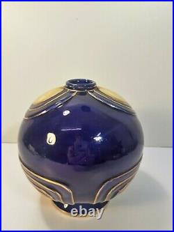 Vase boule Art Déco en céramique émaillée bleu Pinon Heuze