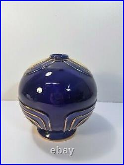 Vase boule Art Déco en céramique émaillée bleu Pinon Heuze