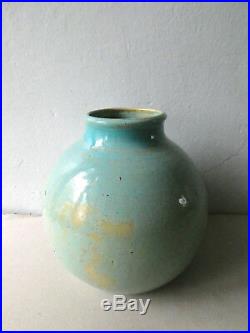 Vase boule en céramique émaillée bleue, Art Deco, signé Elchinger et Cie