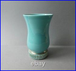 Vase cornet Art Deco, en céramique bleue turquoise et dorée, années 40