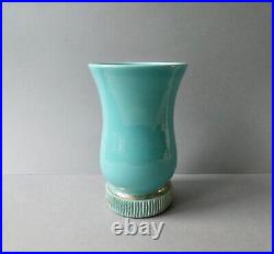 Vase cornet Art Deco, en céramique bleue turquoise et dorée, années 40