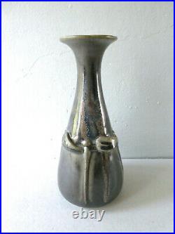 Vase en grès flammé, signé Denbac, décor libellules, Ceramic Vase Dragonflies