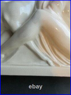 YO1- Sculpture céramique craquelée Art Déco Femme et une biche signé FONTINELLE